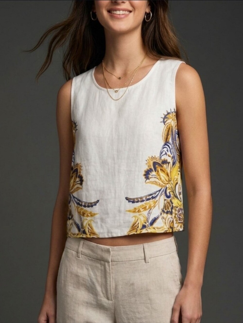 Joie Sleeveless Light Baby Blue Linen Top with Yellow And Navy Floral Pattern